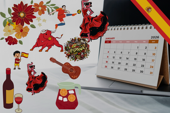 Spain bank holidays 2026 concept image with a January 2026 desk calendar on a laptop, surrounded by Spanish icons like flamenco dancers, bull, football player, guitar, wine, sangria, flowers, child with Spain flag and Spanish flag banner.