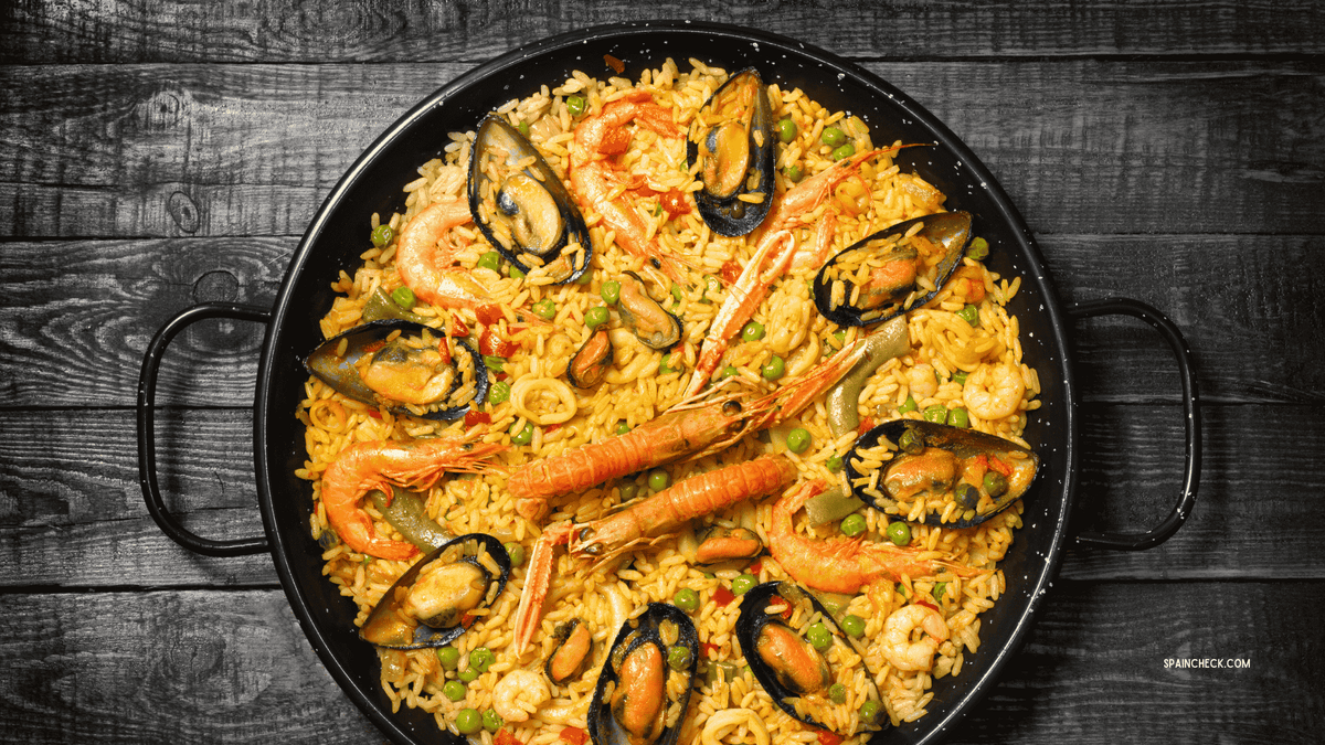 Seafood paella in a paella pan