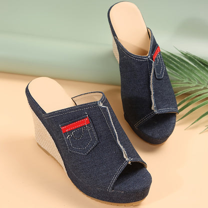 Espadrille-Plateau-Keilsandalen mit Denim-Taschendetails