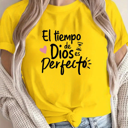 Yellow t-shirt with Spanish text and graphics worn by a person.