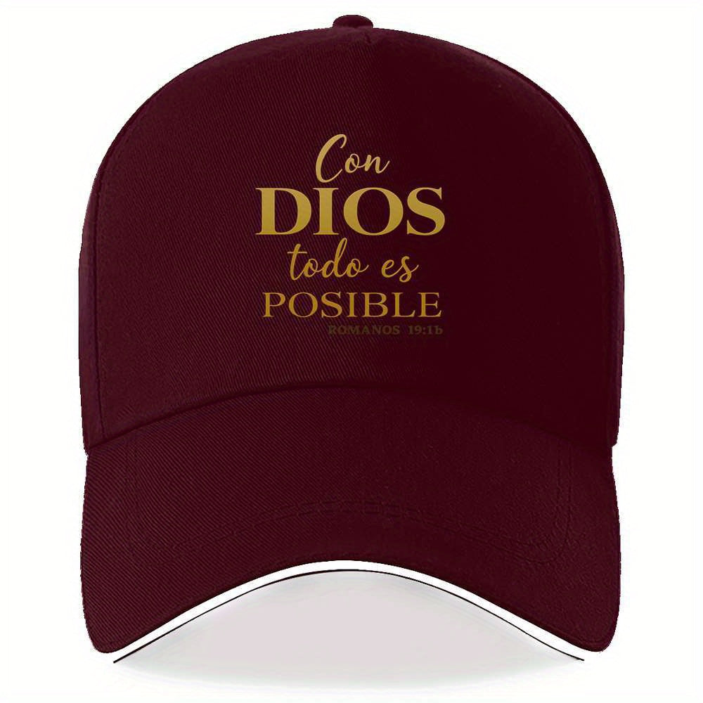 Maroon cap with gold text 'Con DIOS todo es POSIBLE' on a white background