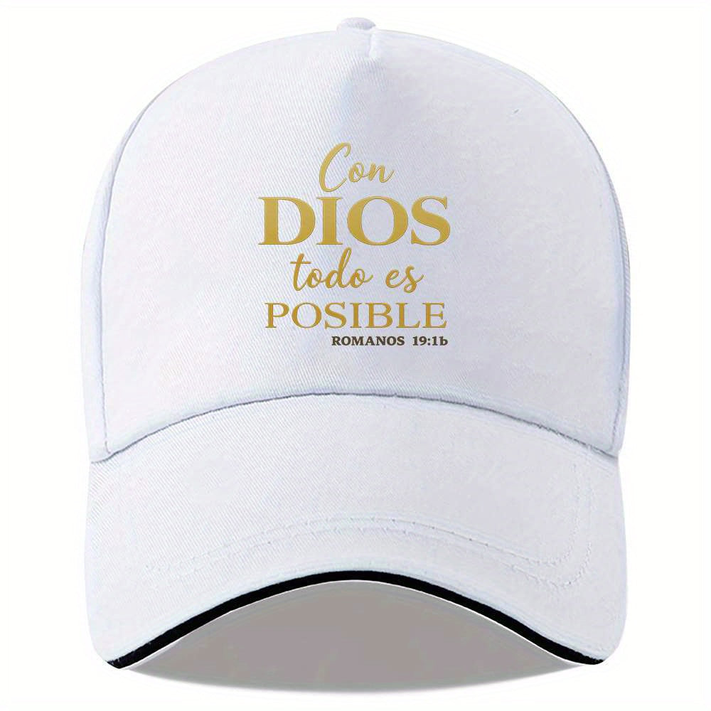 White cap with gold text 'Con Dios todo es posible' on a white background