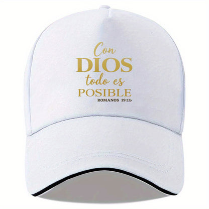 White cap with gold text 'Con Dios todo es posible' on a white background