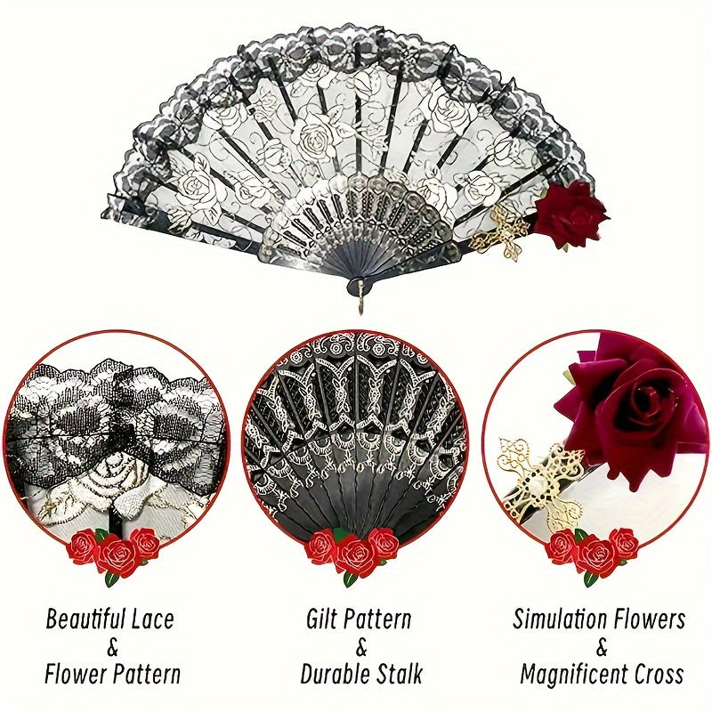 Decorative hand fan with lace, floral patterns, and gold accents on a white background.