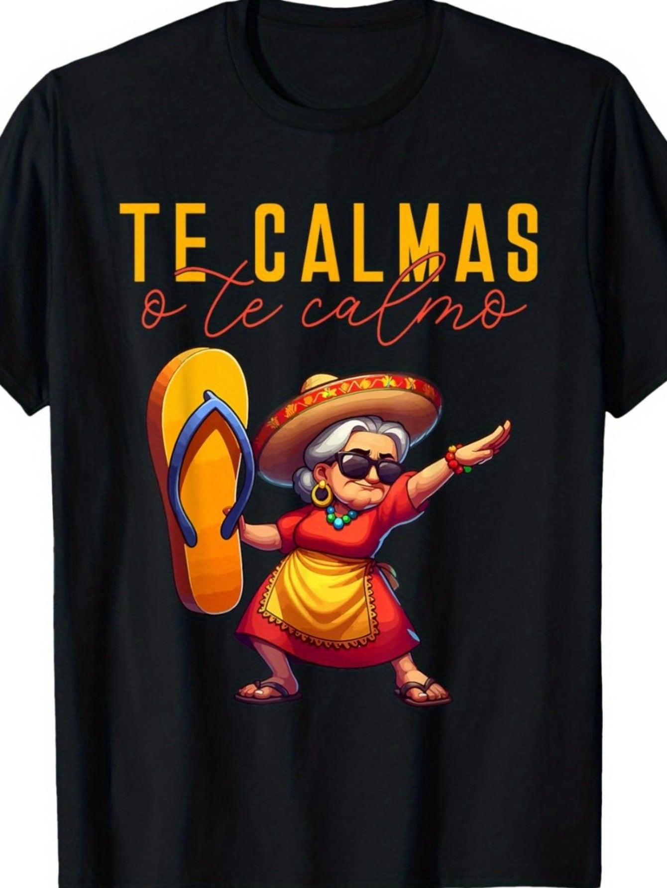 Black t-shirt with a cartoon character and text 'TE CALMAS o te calmo' on a plain background
