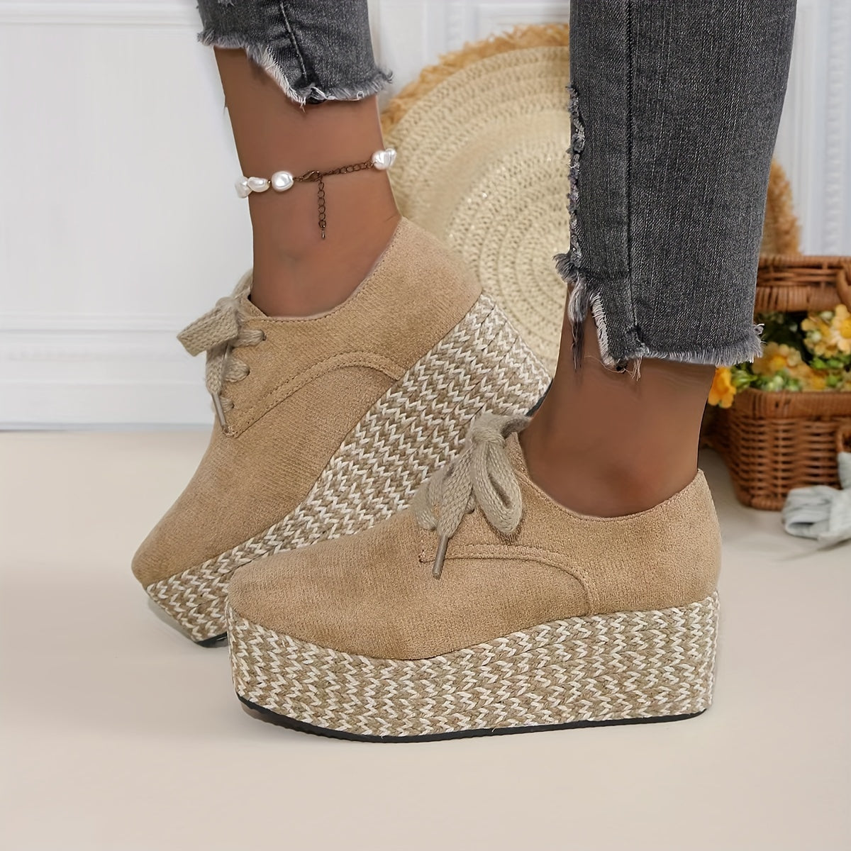 Espadrille-Plateau-Schnürschuhe mit Keilabsatz – Lässige Pumps zum Spazierengehen