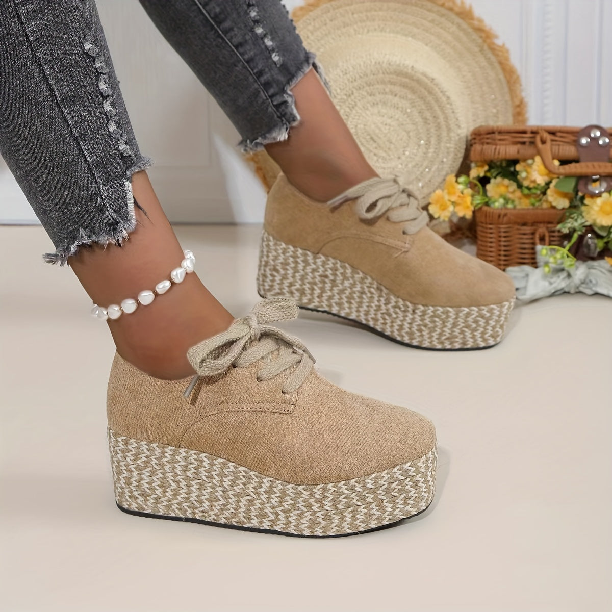 Espadrille-Plateau-Schnürschuhe mit Keilabsatz – Lässige Pumps zum Spazierengehen