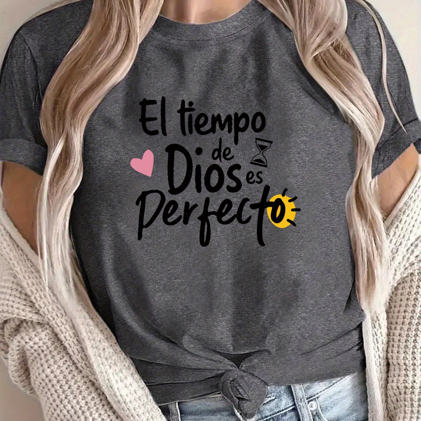 Gray t-shirt with Spanish text and graphics worn by a person