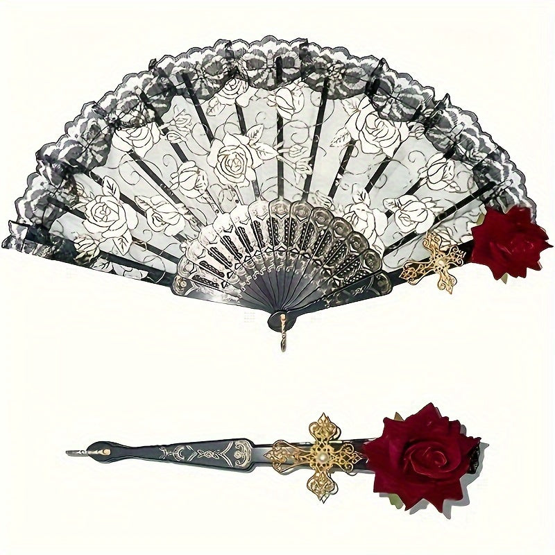 Decorative hand fan with floral design and a decorative hairpin with rose detail on a white background