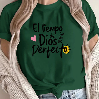 Green t-shirt with Spanish text and graphics worn by a person