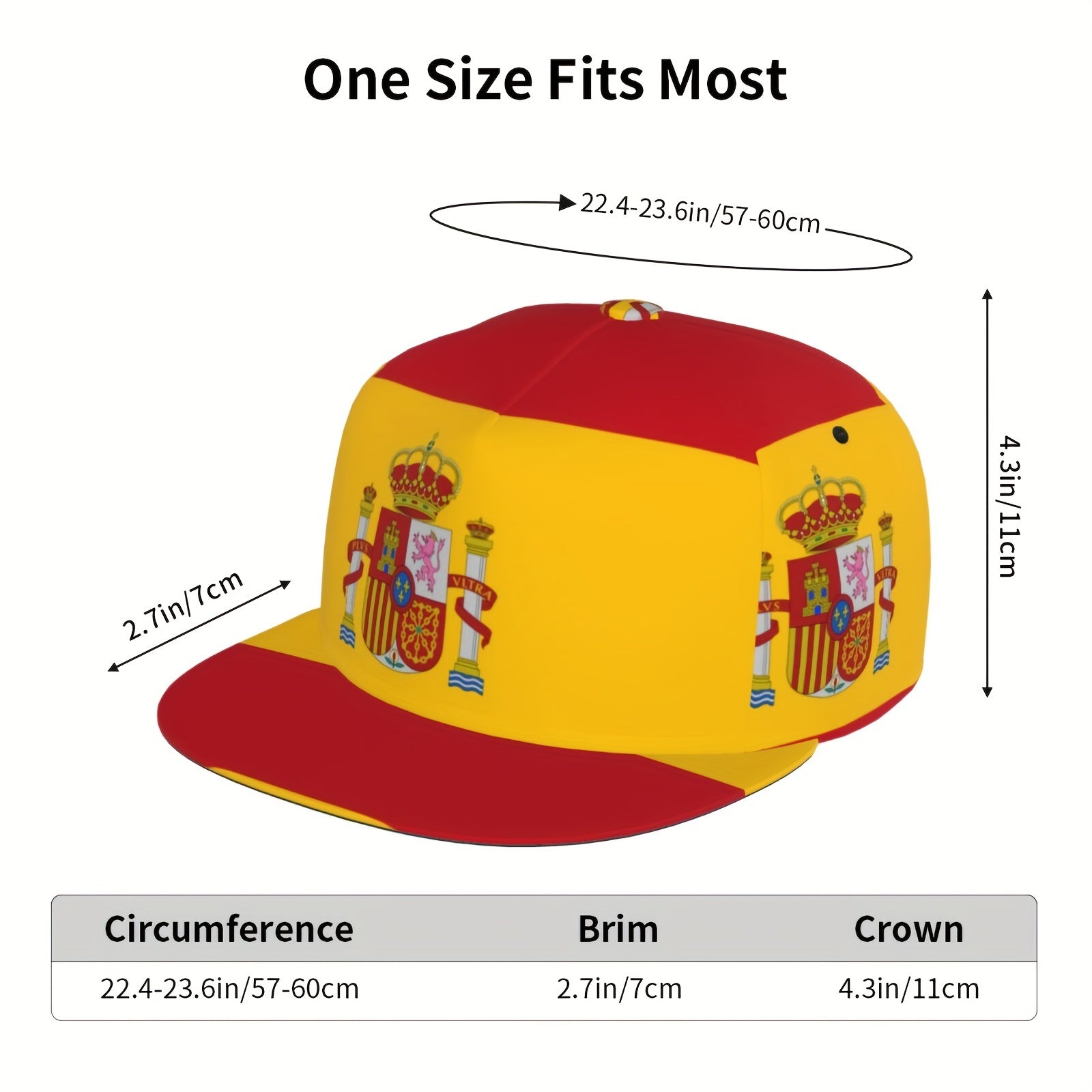 Cap with Spanish flag design and size chart on a white background
