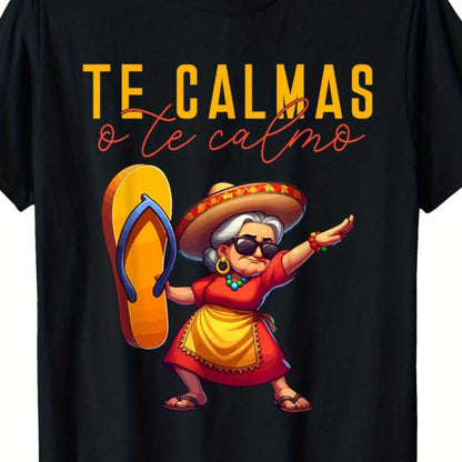 Black t-shirt with a colorful graphic of an elderly woman holding a flip flop and text in Spanish.