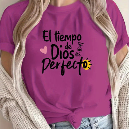 Purple t-shirt with Spanish text and graphics worn by a person