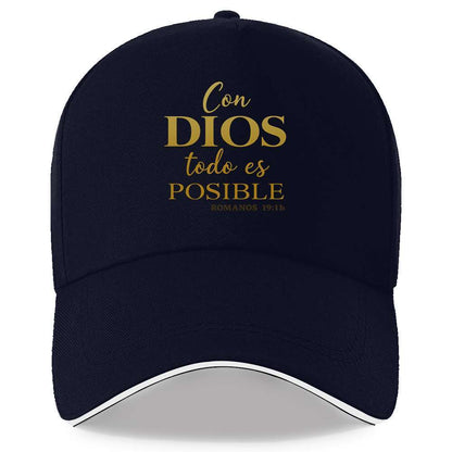 Navy blue cap with gold text 'Con DIOS todo es POSIBLE' on a white background