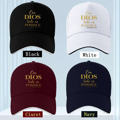 Four baseball caps in black, white, claret, and navy with gold text on a light blue background.
