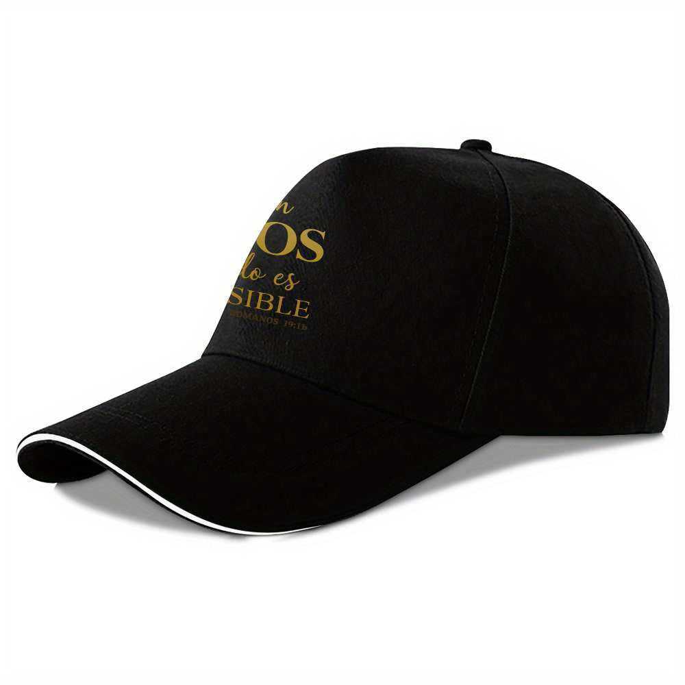 Black cap with gold text on a white background