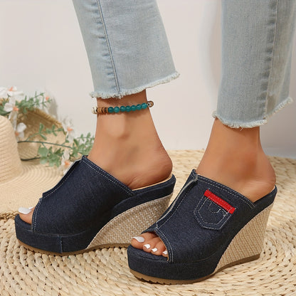 Espadrille-Plateau-Keilsandalen mit Denim-Taschendetails