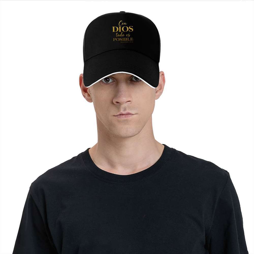 Person wearing a black cap with text on a white background