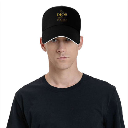 Person wearing a black cap with text on a white background