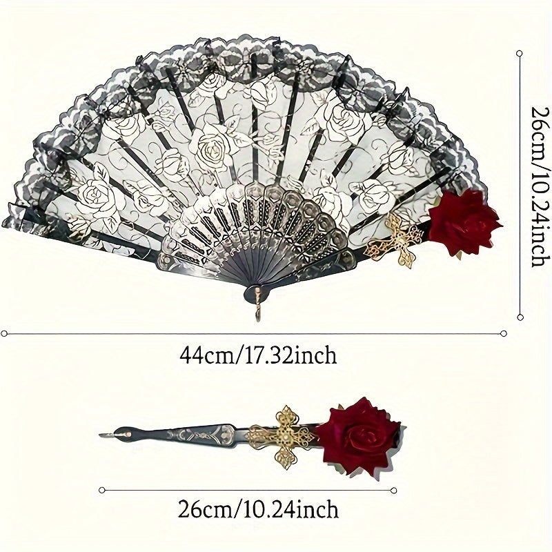 Decorative hand fan with floral design and a hairpin with a rose, shown with measurements.