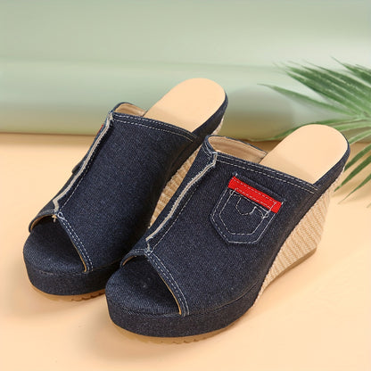 Espadrille-Plateau-Keilsandalen mit Denim-Taschendetails