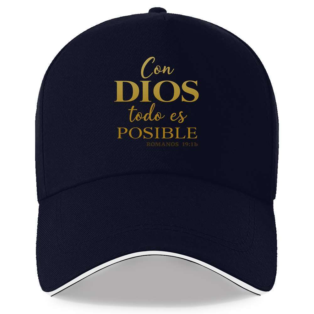 Navy blue cap with gold text 'Con DIOS todo es POSIBLE' on a white background