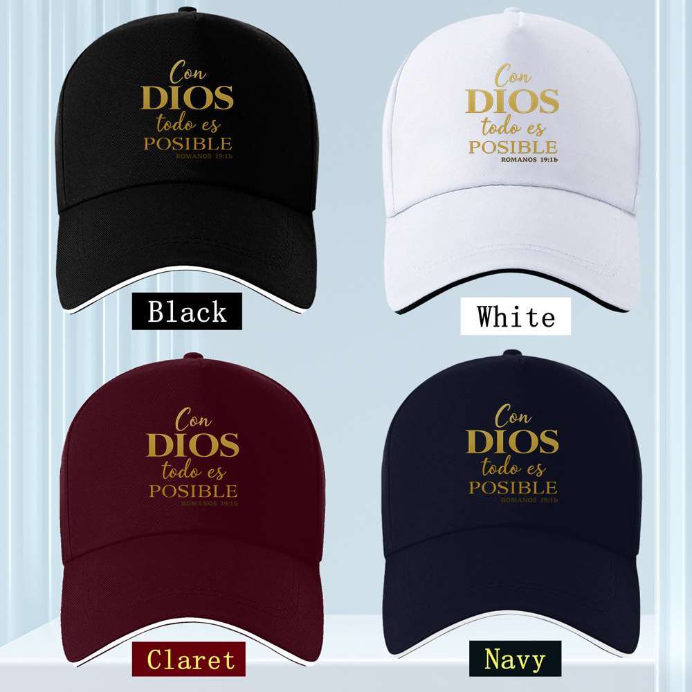 Four baseball caps in black, white, claret, and navy with gold text on a light blue background.