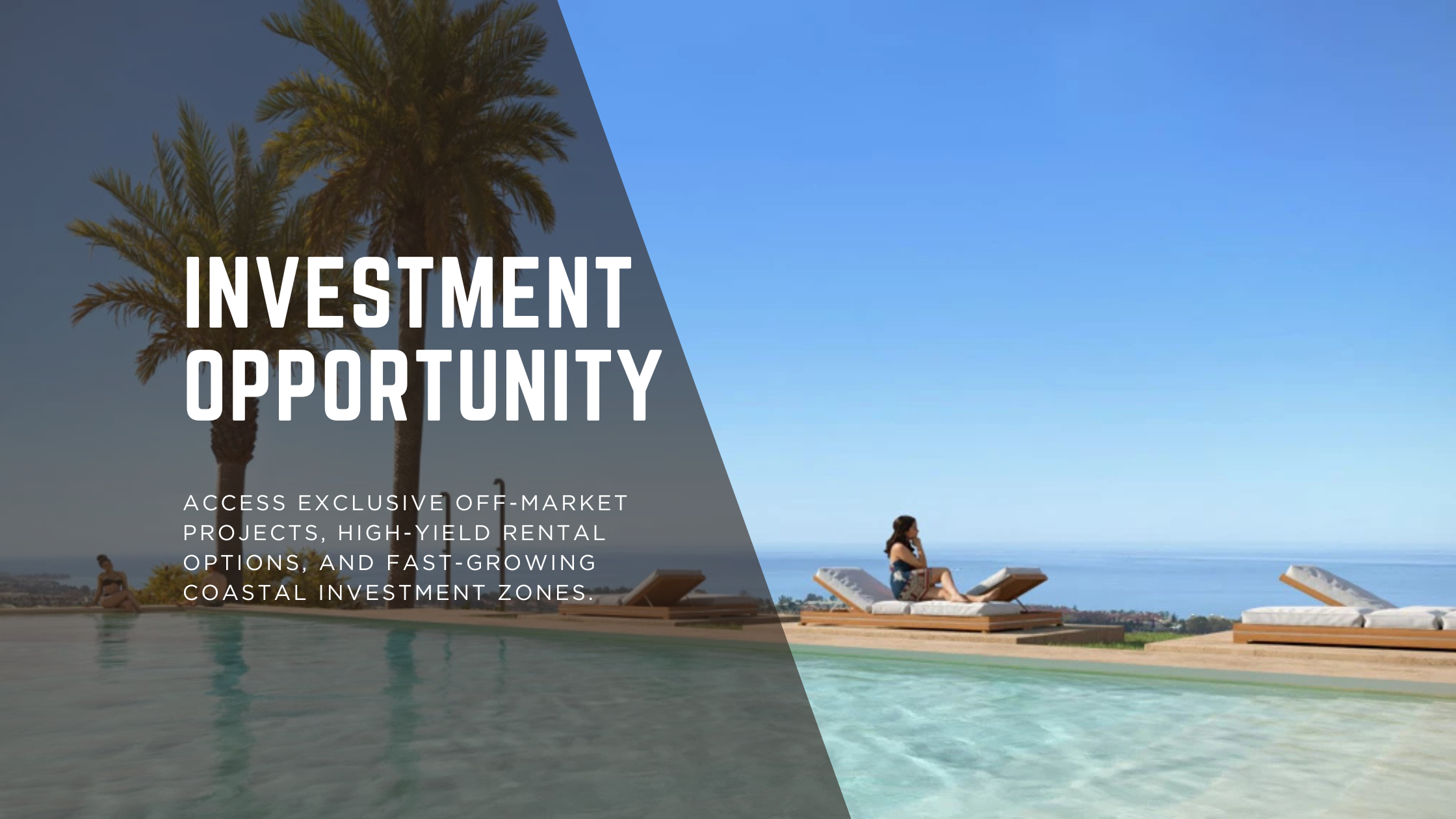 Advertisement for investment opportunity with a pool and palm trees in the background from Mijas, Malaga.