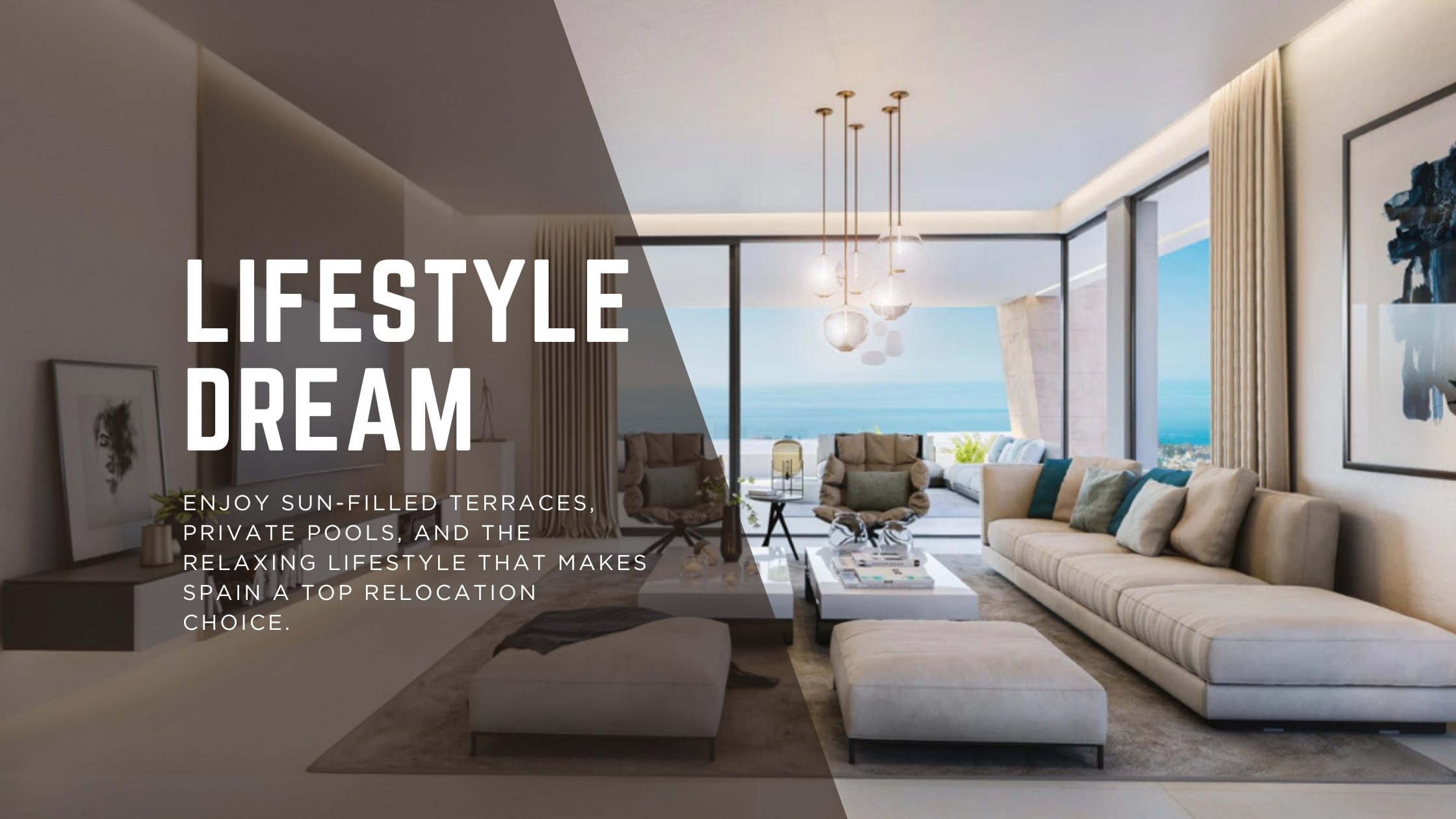 Modern living room with a view of the ocean, featuring stylish furniture and decor in Marbella, Spain.