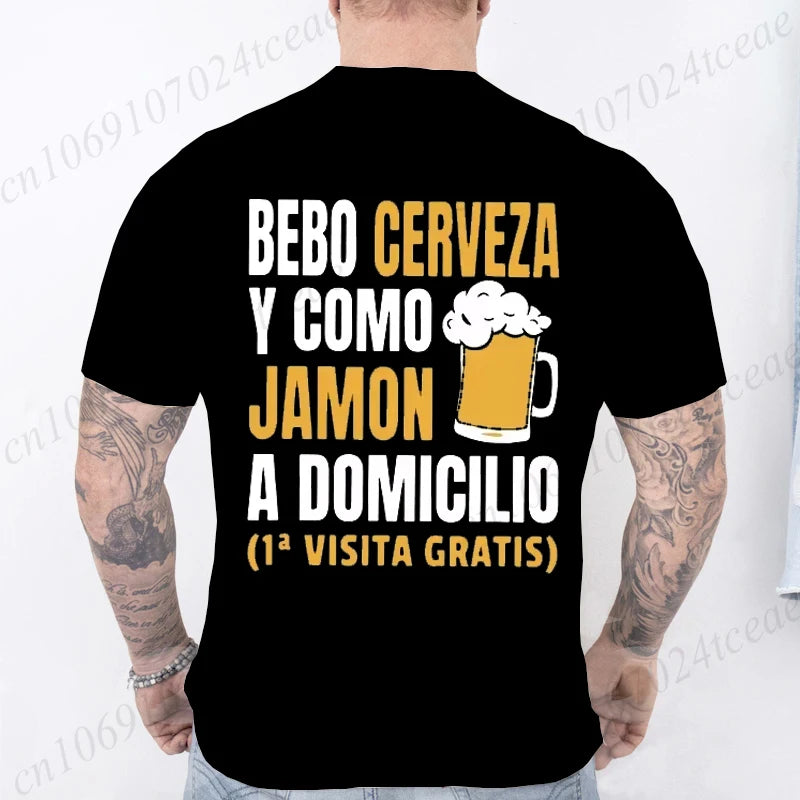T-shirt drôle de bière espagnole pour hommes – Graphique décontracté « Bebo Cerveza y Como Jamón » 