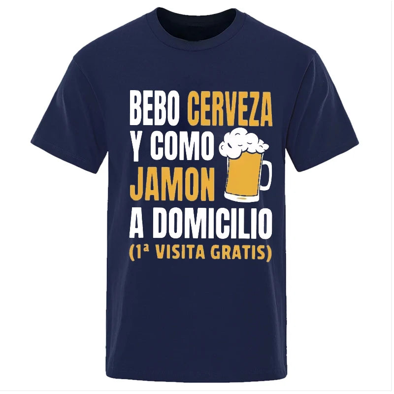 T-shirt drôle de bière espagnole pour hommes – Graphique décontracté « Bebo Cerveza y Como Jamón » 