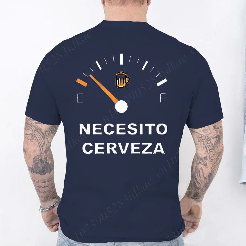 Navy blue t-shirt with a graphic and text on the back, worn by a person.