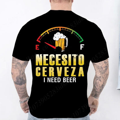 Black t-shirt with 'Necesito Cerveza I Need Beer' design on a plain background