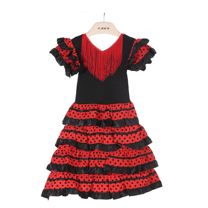 Spanisches Flamenco-Tanzkleid für Mädchen – Traditionelles gepunktetes Rüschenkostüm 
