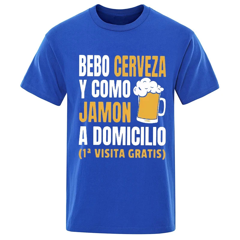 T-shirt drôle de bière espagnole pour hommes – Graphique décontracté « Bebo Cerveza y Como Jamón » 