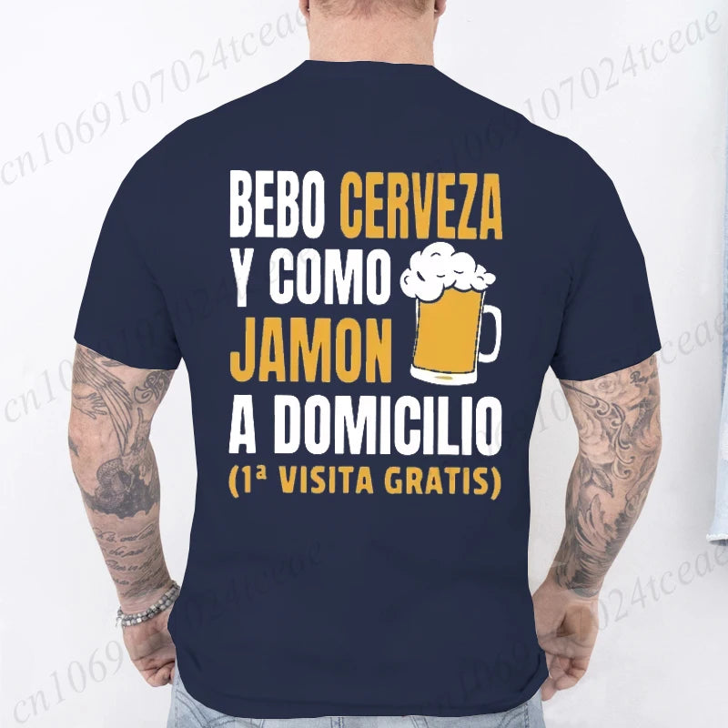 T-shirt drôle de bière espagnole pour hommes – Graphique décontracté « Bebo Cerveza y Como Jamón » 