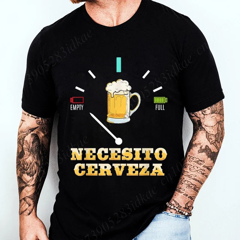 Black t-shirt with a graphic of a beer mug and text 'Necesito Cerveza' on a white background.
