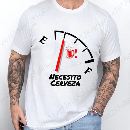 White t-shirt with a graphic design and text, worn by a person with tattoos.