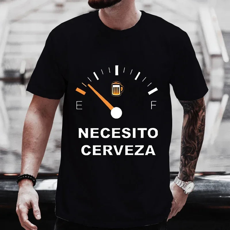 Person wearing a black t-shirt with a graphic and text 'NECESITO CERVEZA'.