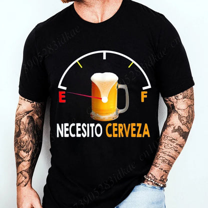 Person wearing a black t-shirt with a beer graphic and text 'NECESITO CERVEZA' on a white background