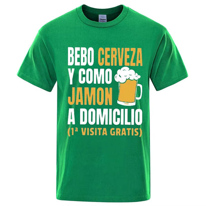 T-shirt drôle de bière espagnole pour hommes – Graphique décontracté « Bebo Cerveza y Como Jamón » 