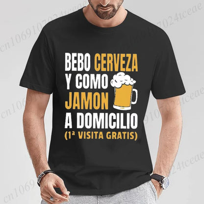 T-shirt drôle de bière espagnole pour hommes – Graphique décontracté « Bebo Cerveza y Como Jamón » 