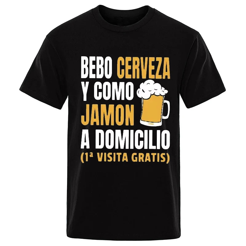 T-shirt drôle de bière espagnole pour hommes – Graphique décontracté « Bebo Cerveza y Como Jamón » 