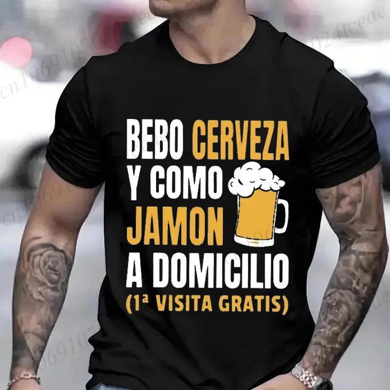 T-shirt drôle de bière espagnole pour hommes – Graphique décontracté « Bebo Cerveza y Como Jamón » 