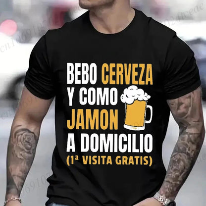T-shirt drôle de bière espagnole pour hommes – Graphique décontracté « Bebo Cerveza y Como Jamón » 