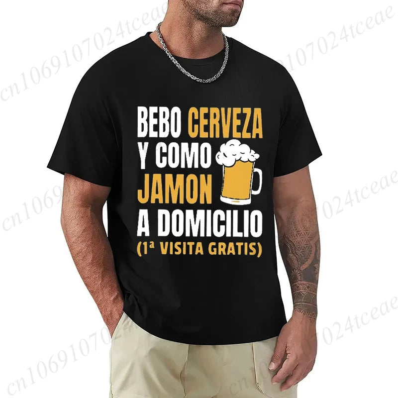T-shirt drôle de bière espagnole pour hommes – Graphique décontracté « Bebo Cerveza y Como Jamón » 