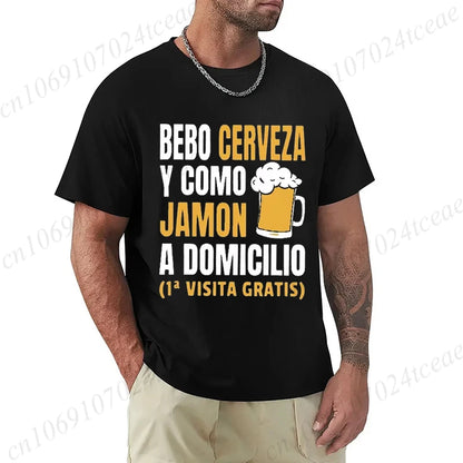 T-shirt drôle de bière espagnole pour hommes – Graphique décontracté « Bebo Cerveza y Como Jamón » 