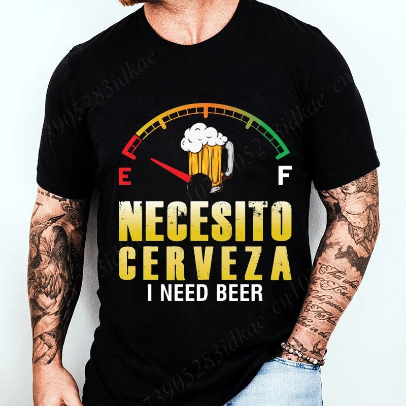 Person wearing a black t-shirt with a beer-themed graphic and text.
