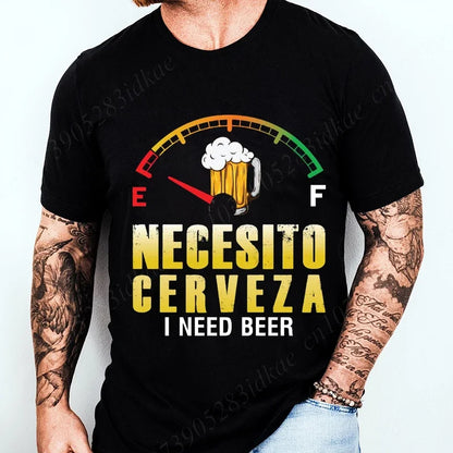 Person wearing a black t-shirt with a beer-themed graphic and text.