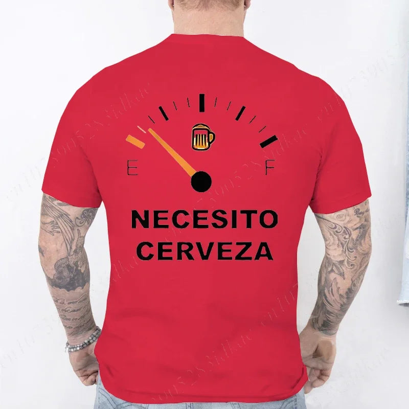 Red t-shirt with a graphic and text on the back, worn by a person.